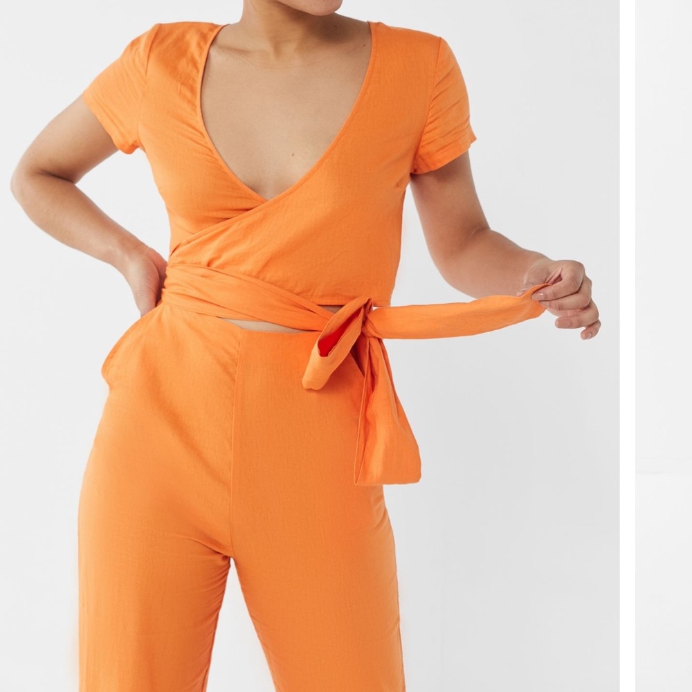 UO Keira Linen Wrap Detail Jumpsuit